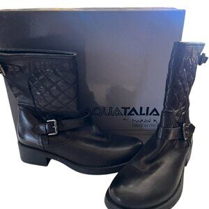 Aquatalia Weatherproof Quilted Black Leather Boots  W Size 10 NWB Biker Italy